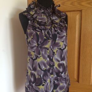 100% silk ruffle neck button up sleeveless Blouse